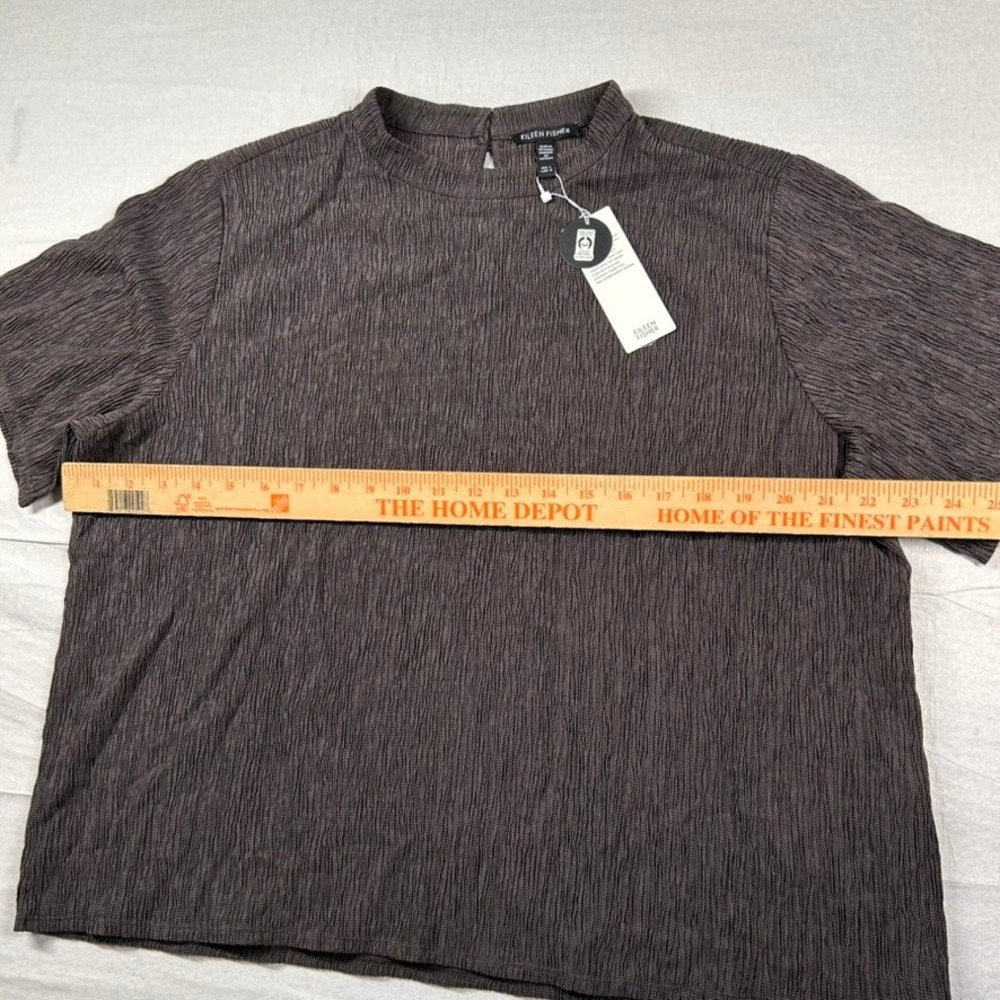 Eileen Fisher Top Womens Large Rye Brown Crinkle Mock Neck Short Sleeve Career - Picture 6 of 9